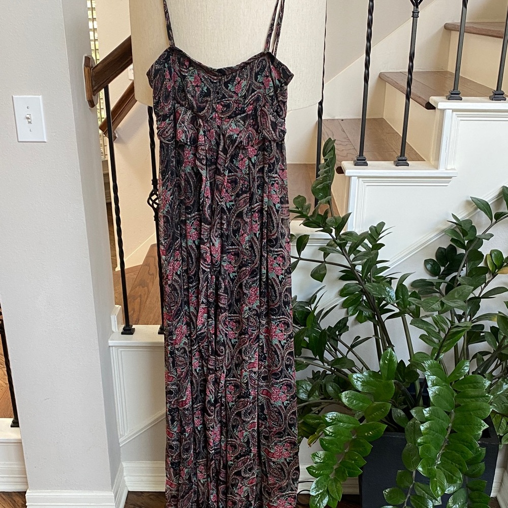 Floral silky Maxi Dress w/ Spaghetti Straps, tie for bow in front, zipper back L